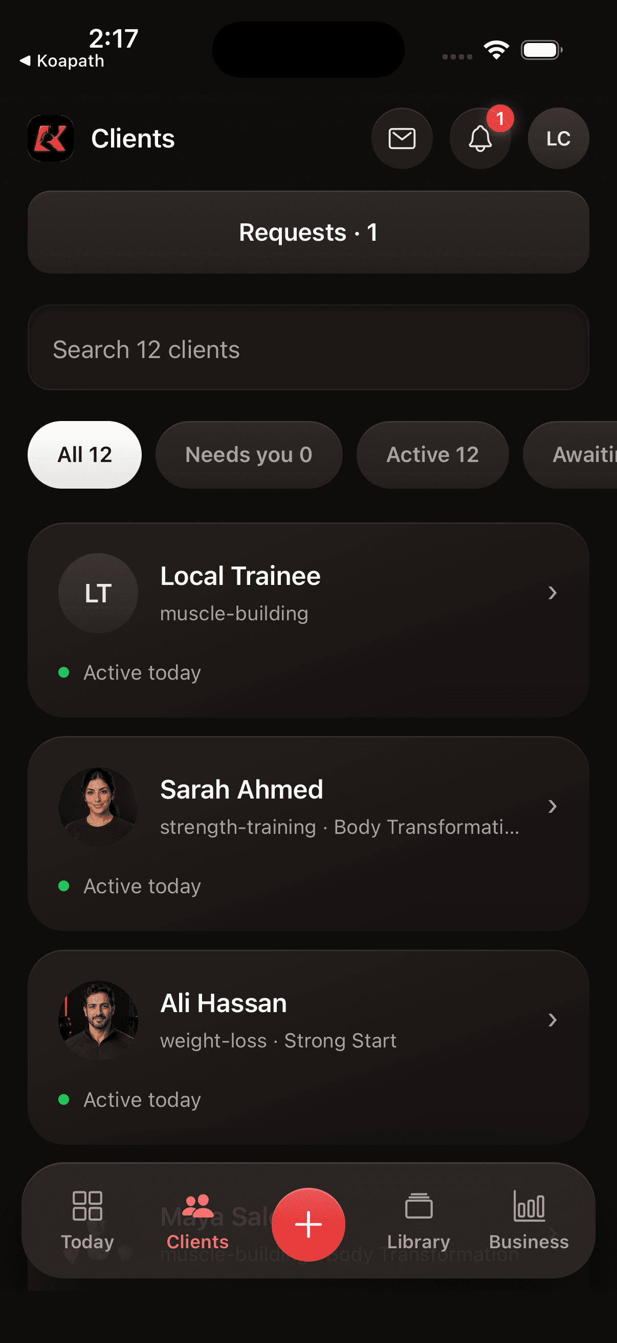Koapath Coach app — Clients screen