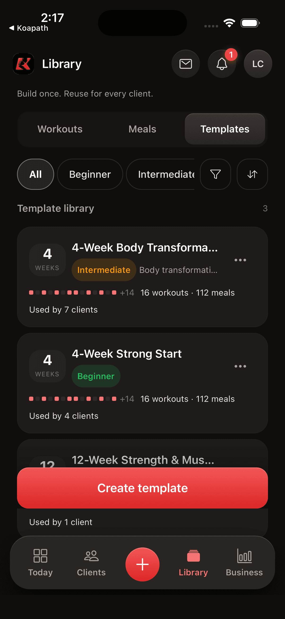 Koapath Coach app — Library screen
